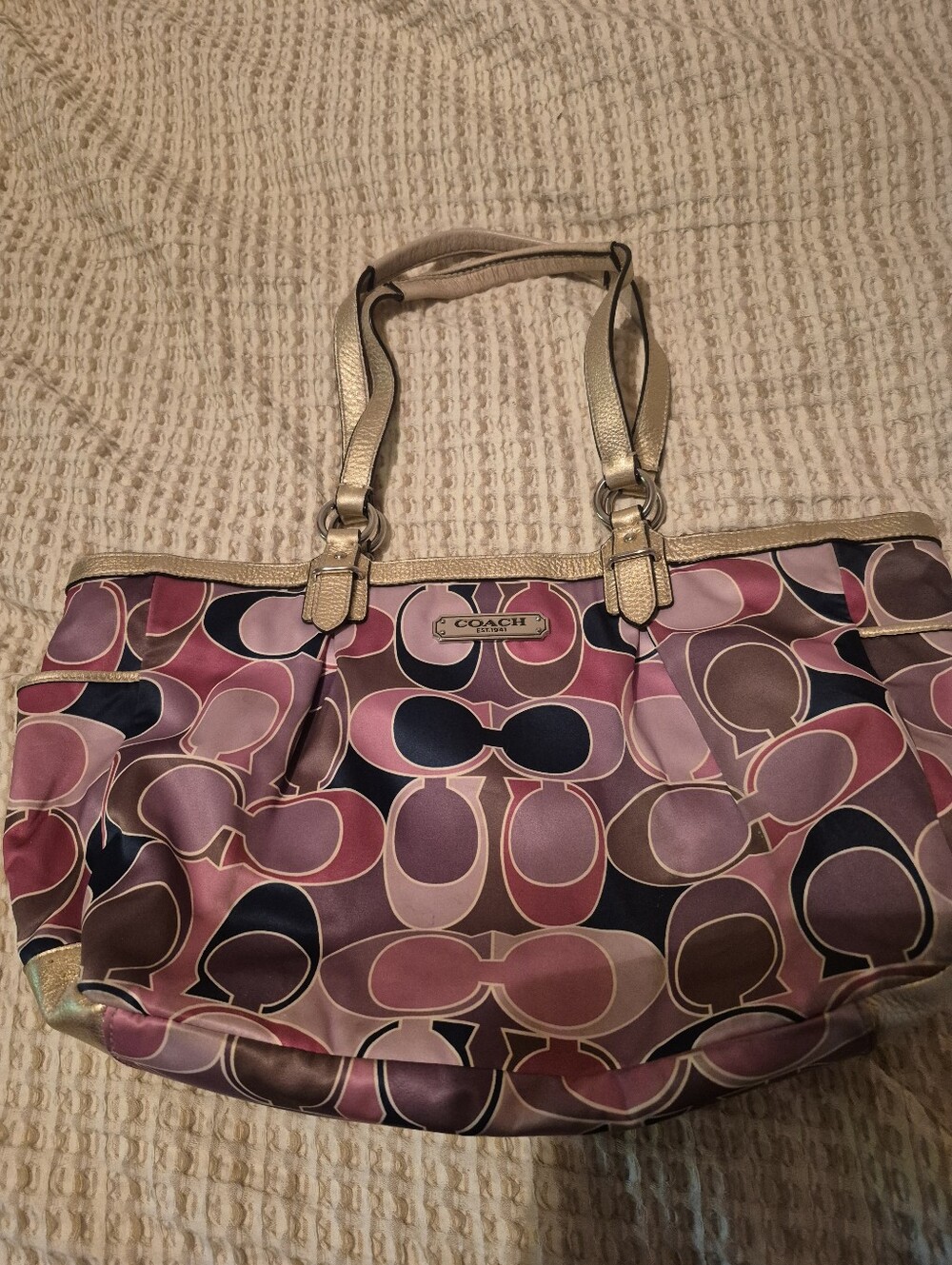 Coach Pink Multi Signature Satin Tote with Gold Straps